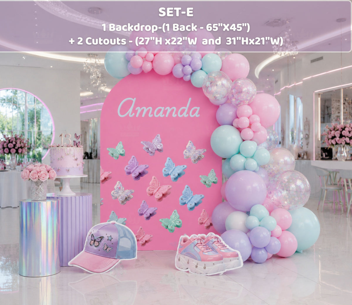 Pastel teen birthday backdrop with aqua and pink panels, heart details, custom personalization and photo-ready girls party styling.