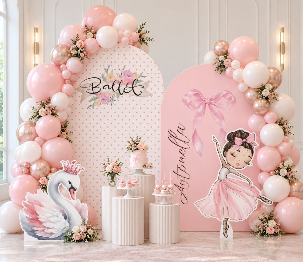 Outdoor ballerina birthday display with pink and lavender character cutouts, floral accents and elegant party styling.
