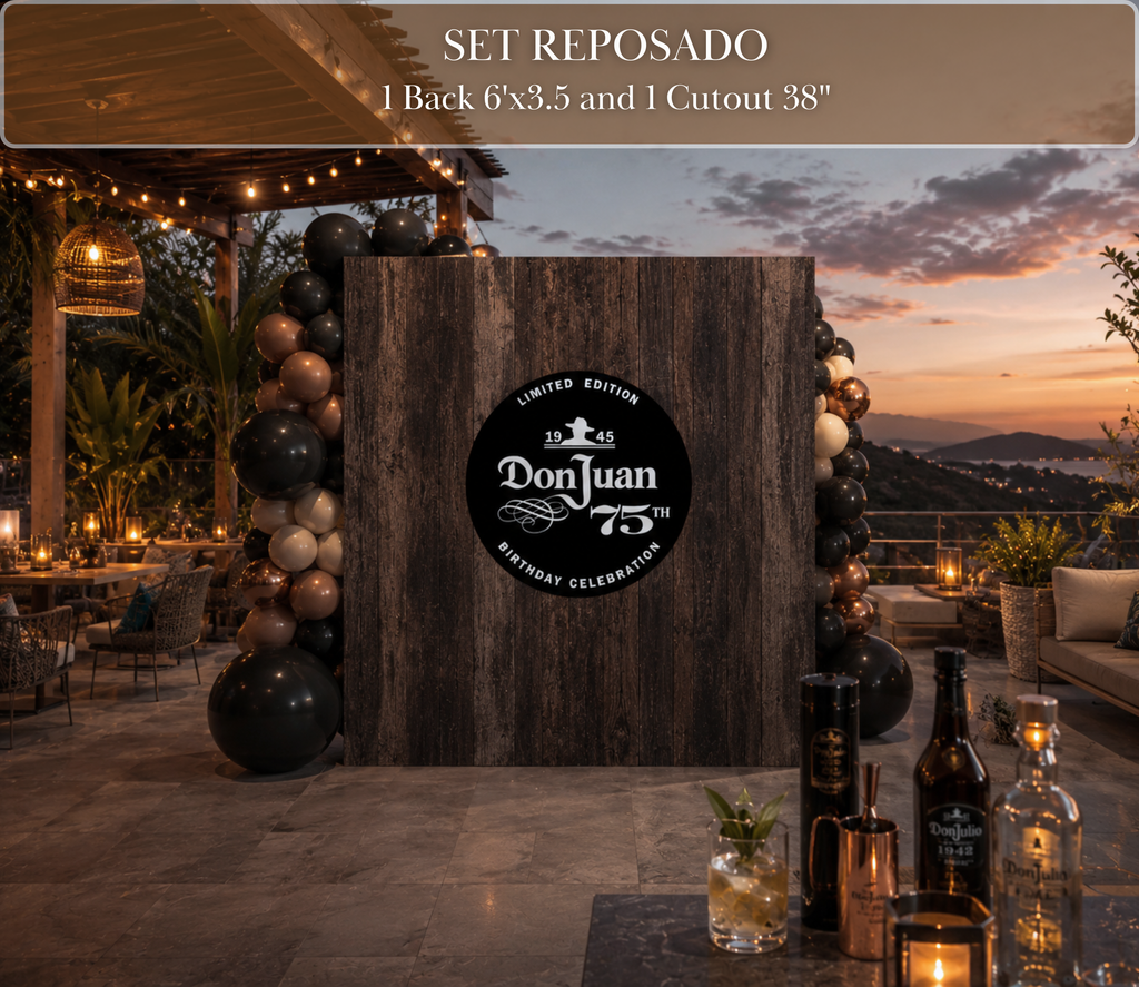 Black custom tequila party sign with personalized name displayed at an outdoor bar with warm rustic celebration decor.