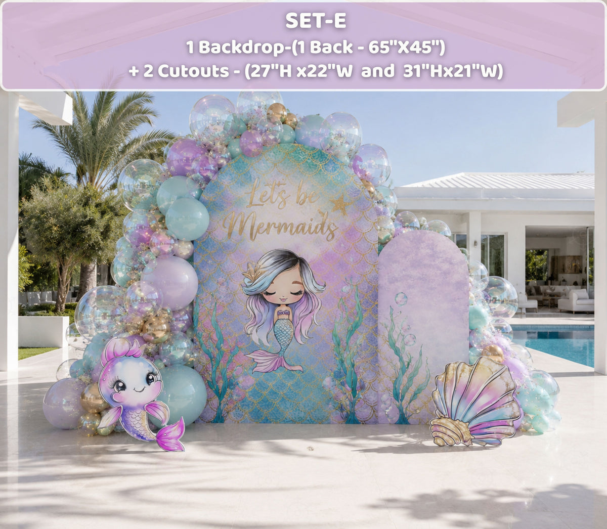 Personalized mermaid party backdrop and pastel ocean cutouts for a tropical outdoor birthday celebration