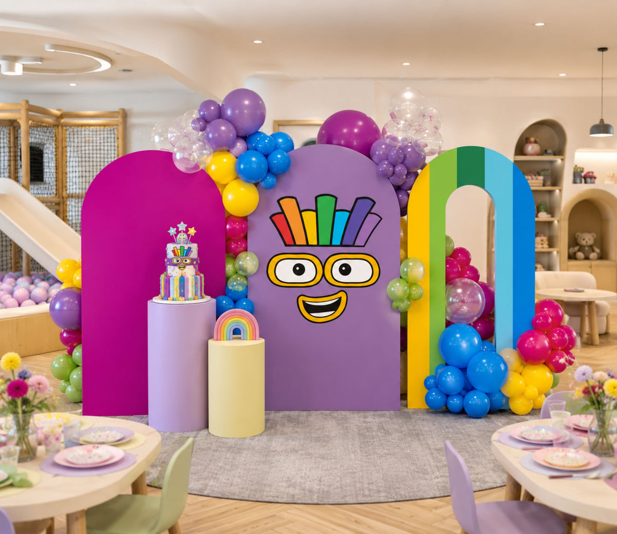 Purple Numberblocks birthday backdrop with colorful number characters, balloon accents and personalized party decorations.