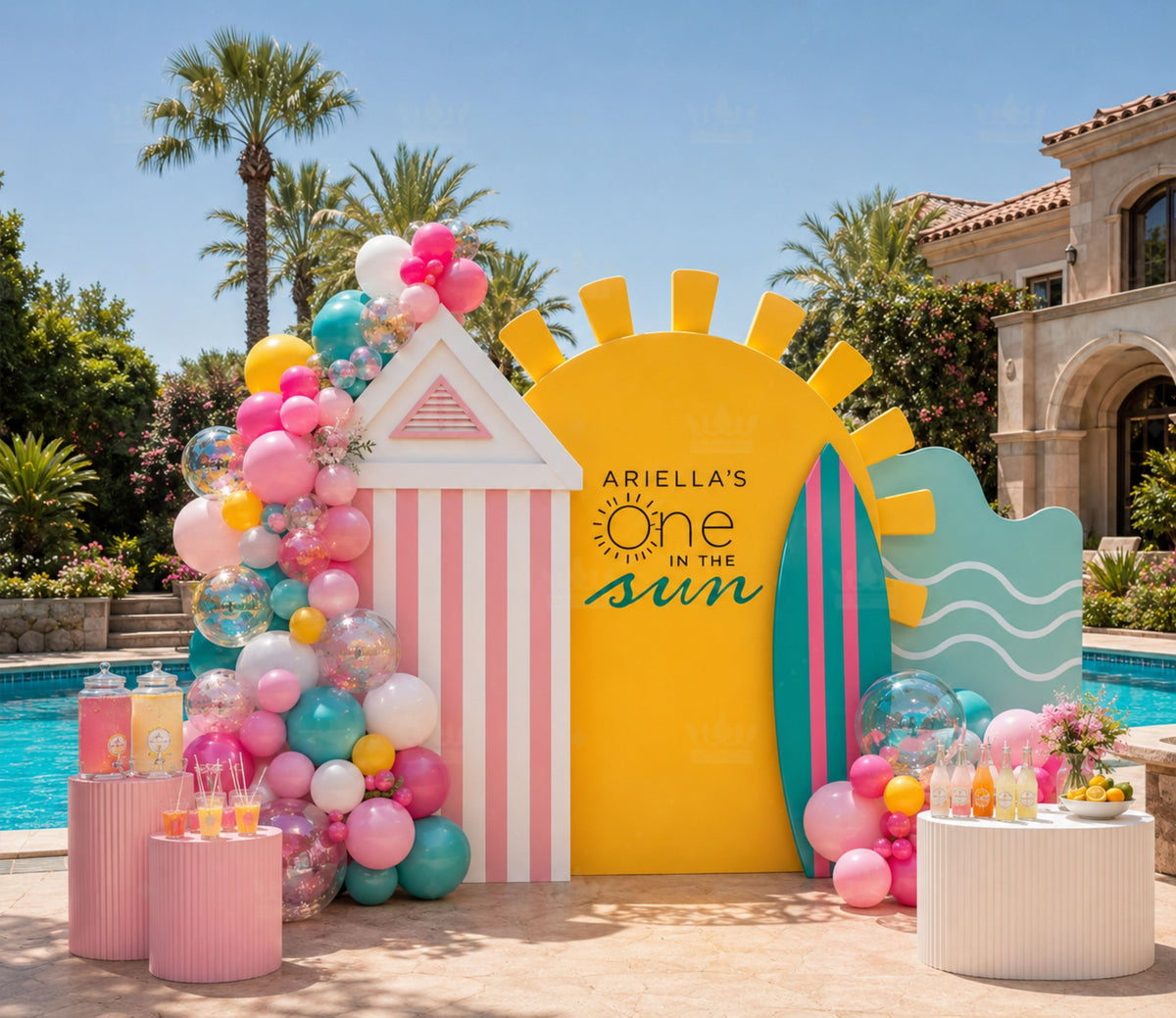 Colorful tropical pool party backdrop set with personalized summer birthday decorations