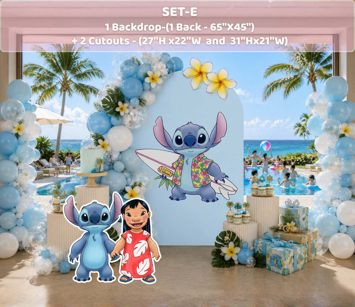 Blue tropical birthday backdrop with Hawaiian character cutouts, palm leaf details and colorful floral decor for an indoor celebration.