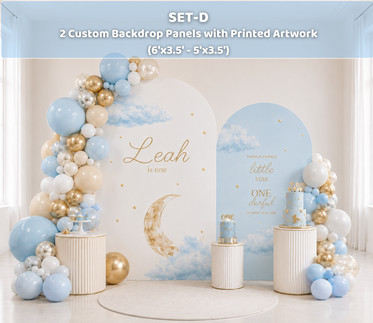 Dark celestial baby shower backdrop with navy sky, moon and star details, gold accents and personalized Heaven Sent party decor.