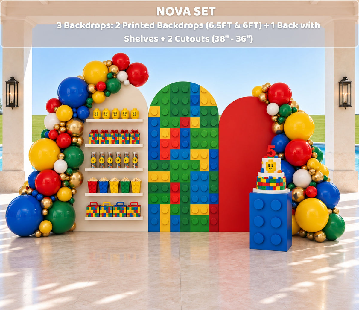 Building block birthday backdrop with integrated display shelves, colorful brick details and balloon decor for party favors.