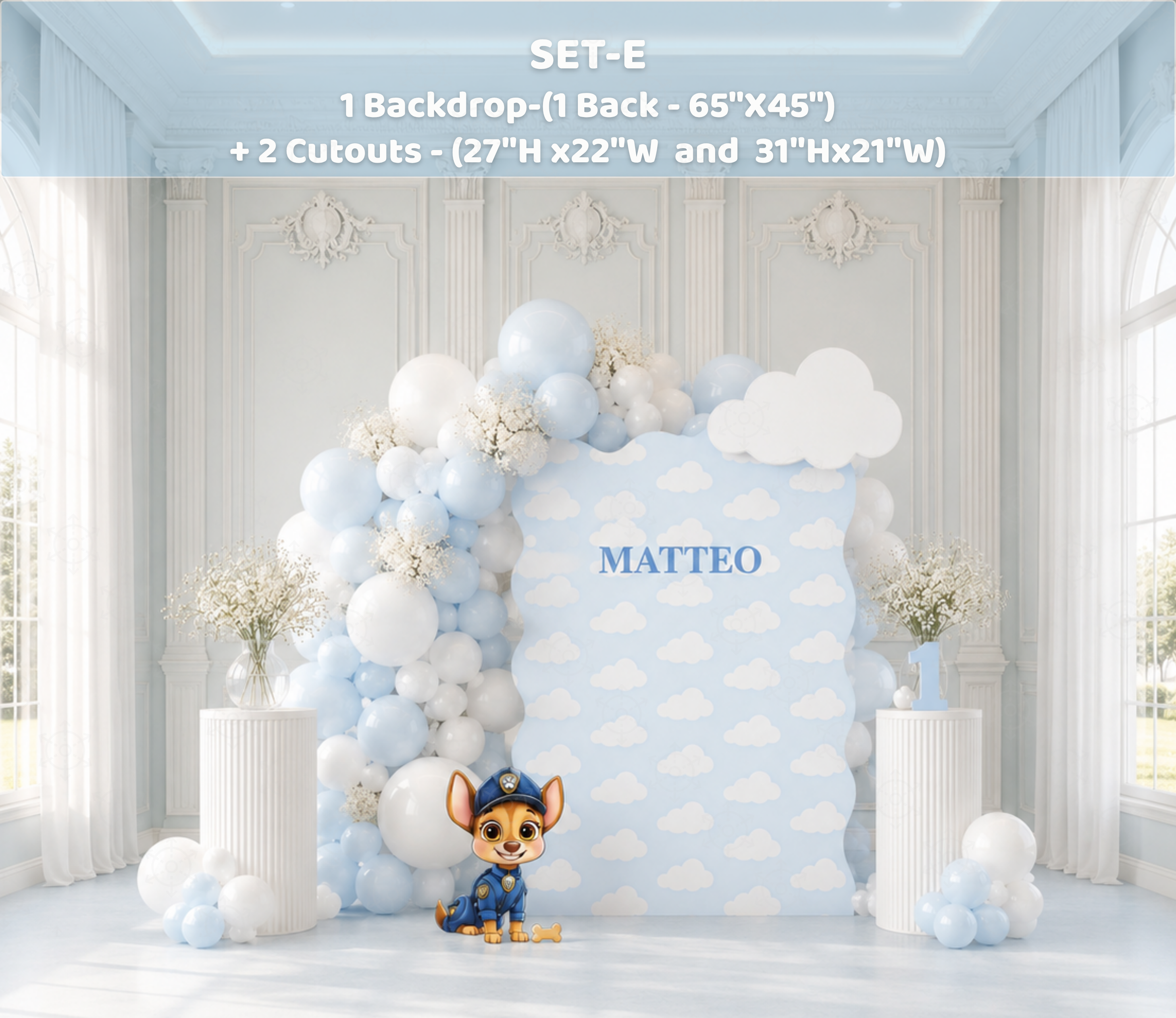 White and blue puppy birthday backdrop with matching character cutouts and party decorations