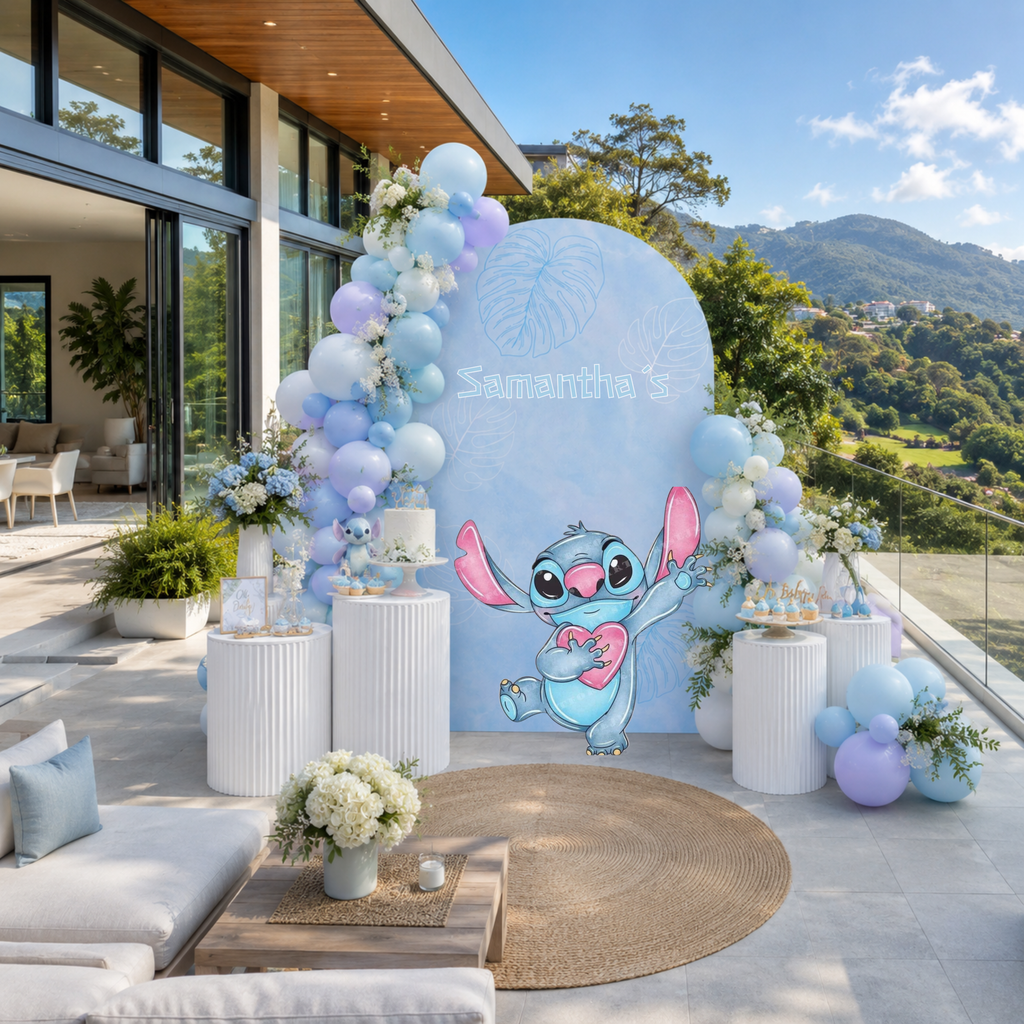 Pastel Blue Alien Beach Birthday Backdrop & Cutouts | Personalized Tropical Kids Party Decorations