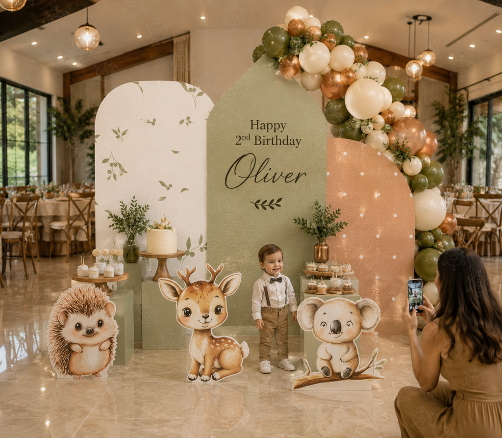 Personalized Oliver little animal friends backdrop with woodland animal cutouts and soft neutral balloon decor