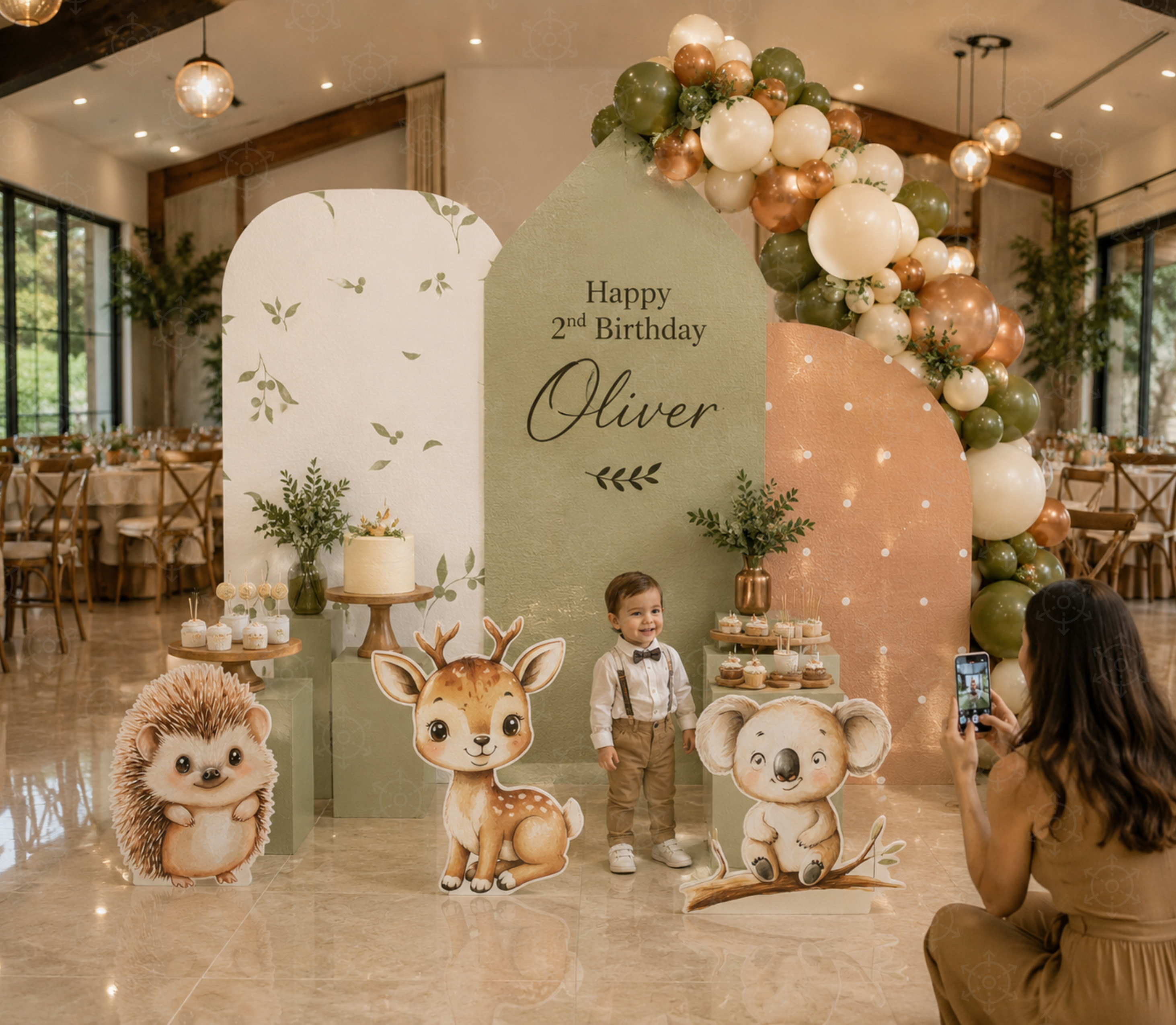 Personalized Oliver little animal friends backdrop with woodland animal cutouts and soft neutral balloon decor