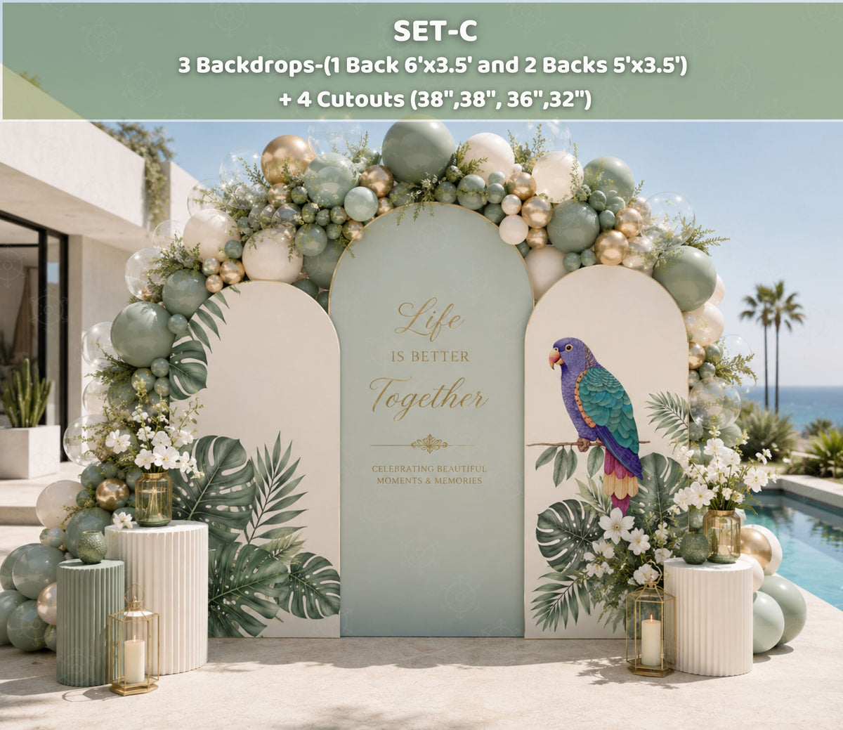 Neutral tropical bird backdrop with parrot cutout, flowers and elegant birthday party decorations