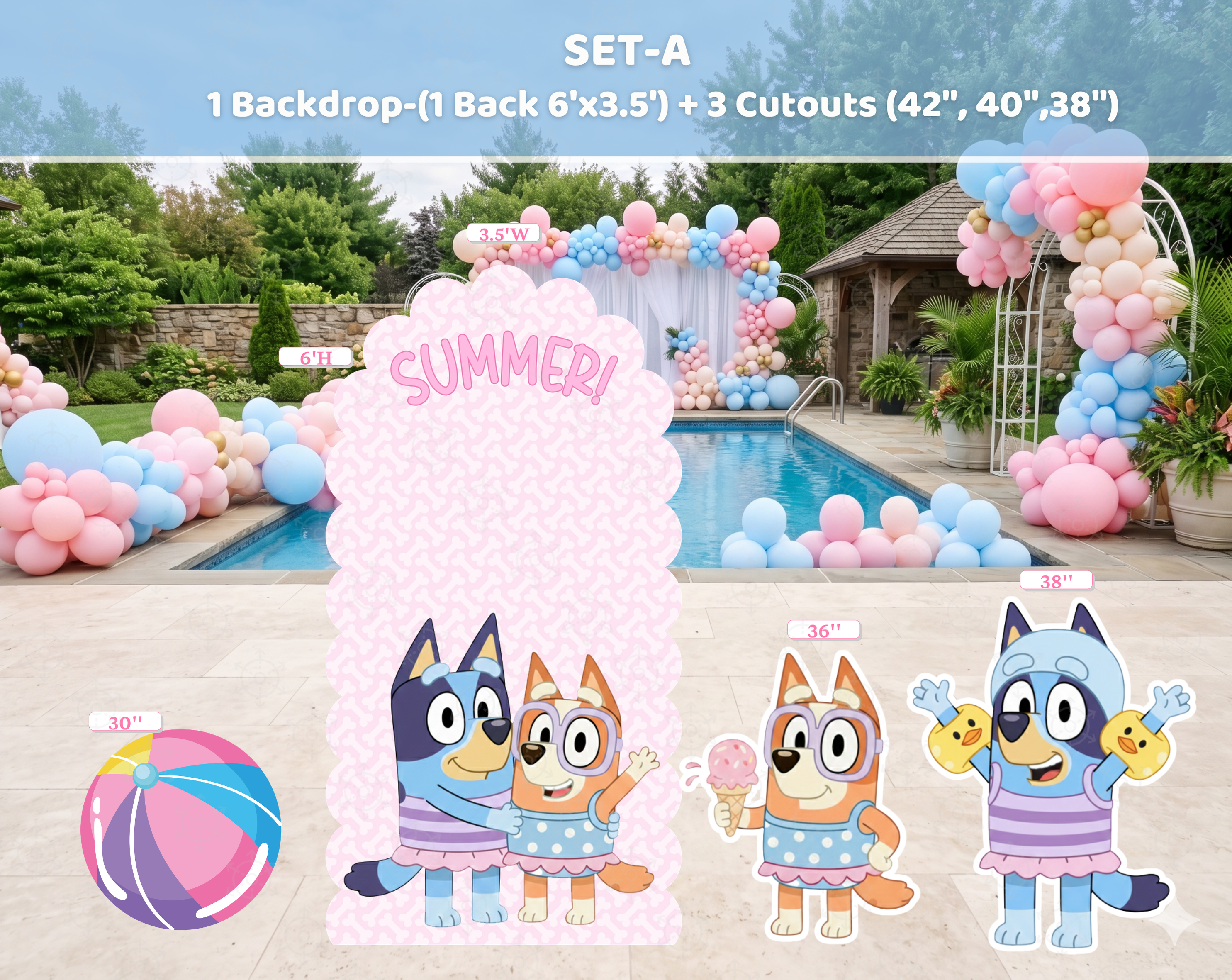 Custom Blue Puppy Pool Party Backdrop & Cutouts | Personalized Summer Kids Birthday Decorations