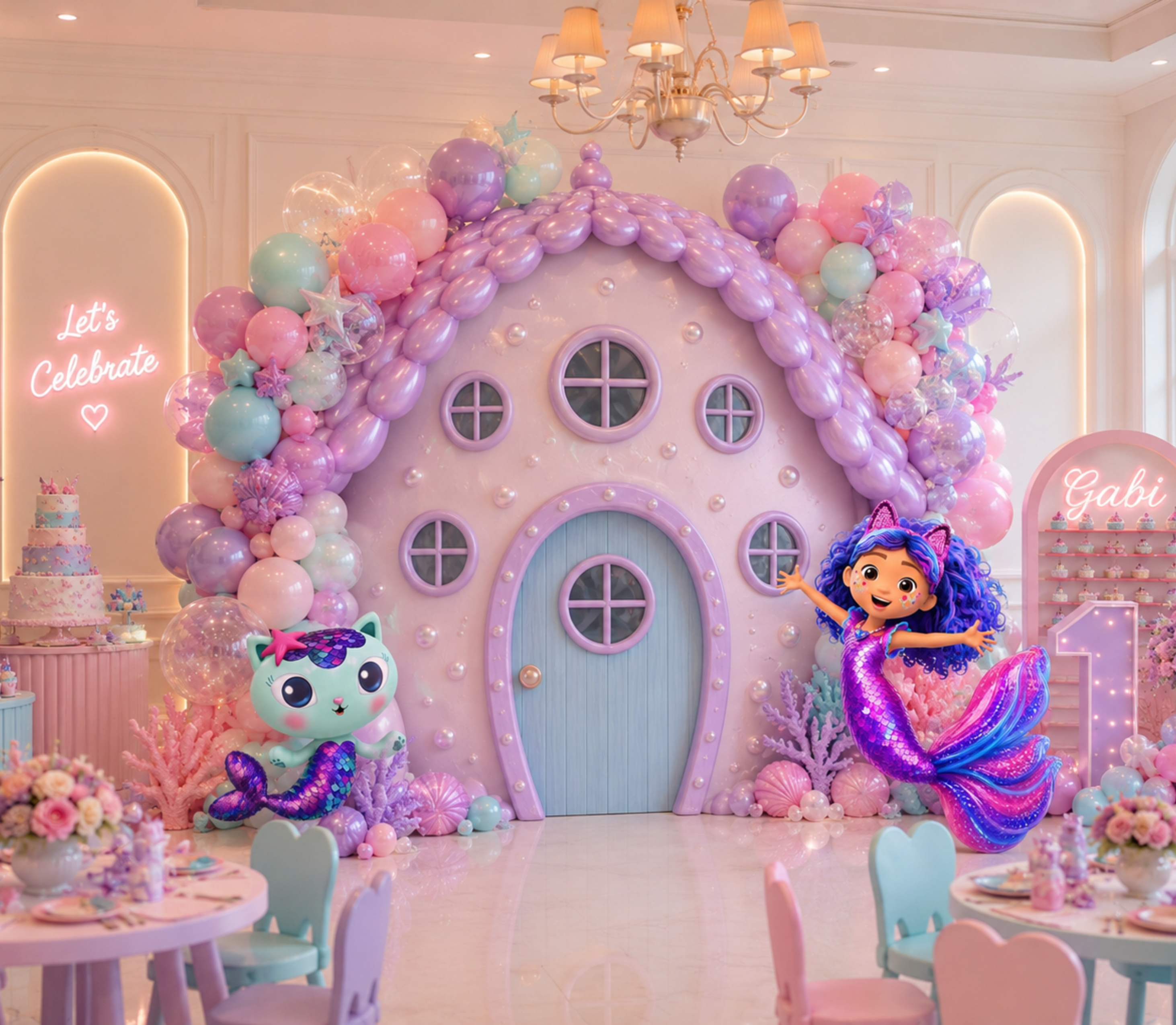 Pastel Gabby's Dollhouse mermaid birthday backdrop with whimsical house design and character cutouts