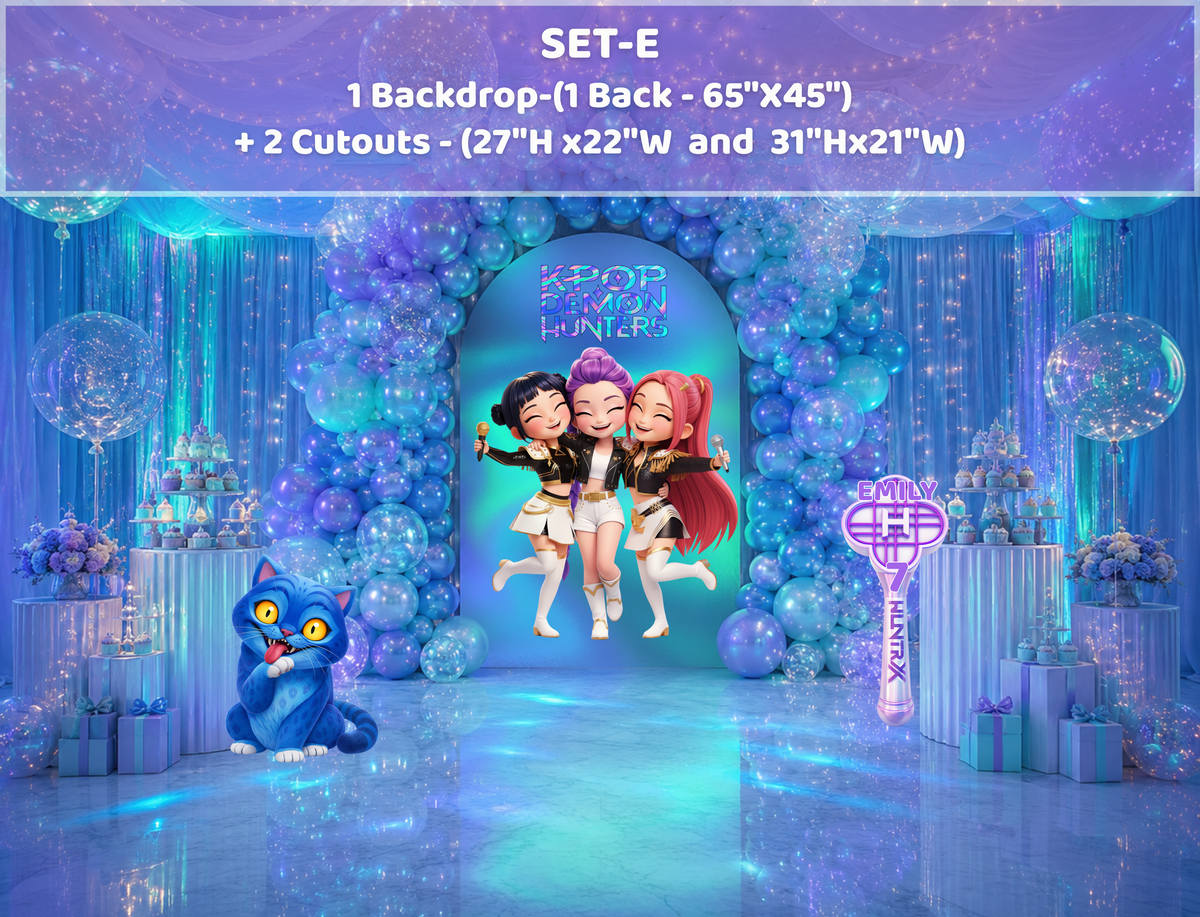 Blue and purple concert birthday backdrop with chibi idol standees and glowing stage graphics for a teen music themed celebration.