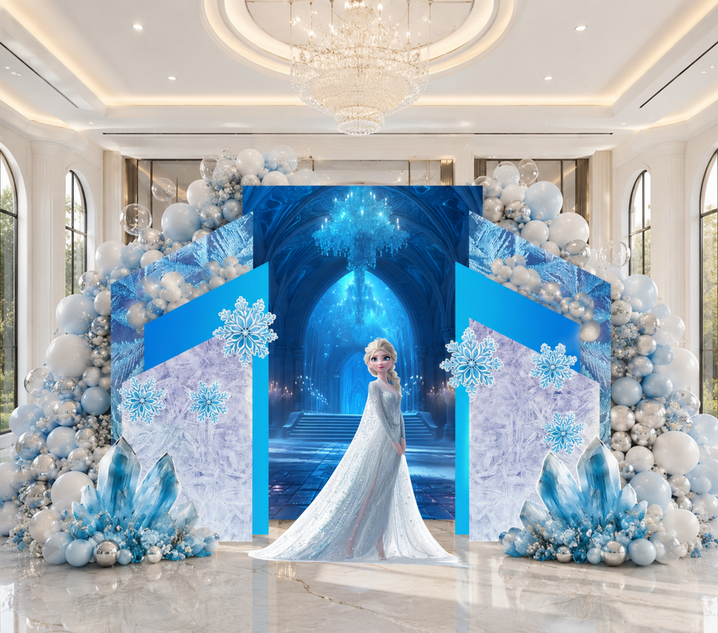 Snow Queen Princess Ice Castle Backdrop | Personalized 3-Panel Arch Birthday Party Decor