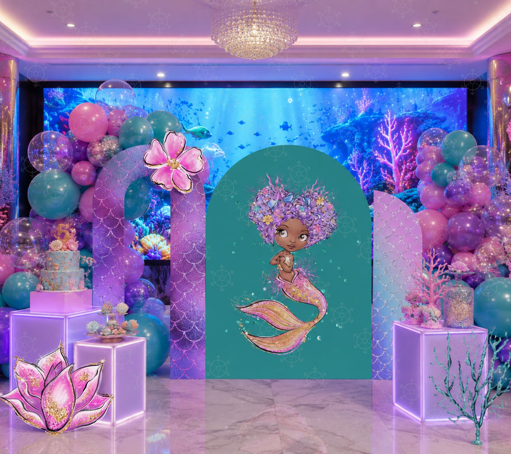 Little mermaid birthday backdrop with teal personalized panel, pink balloons and under the sea decorations