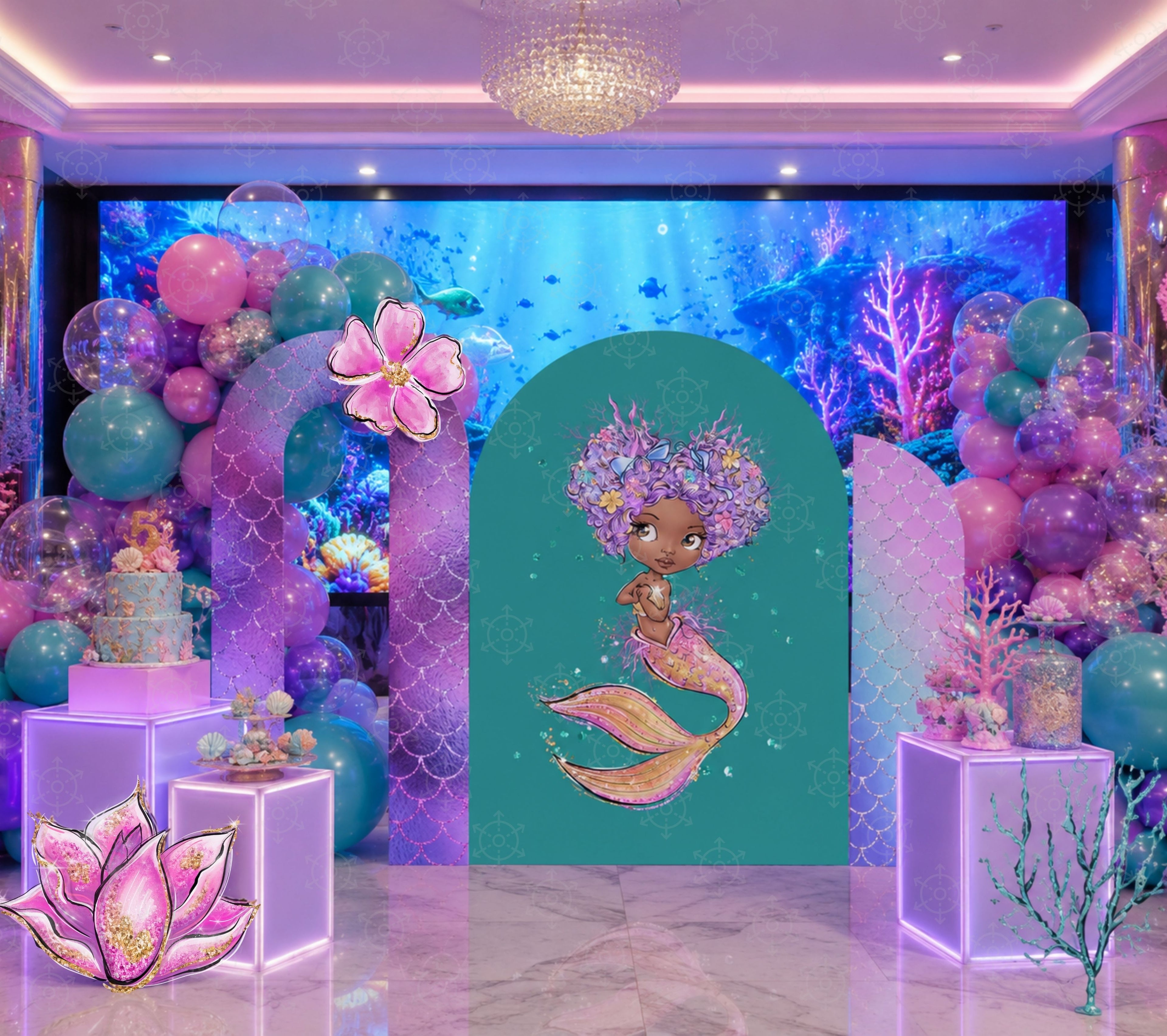 Little mermaid birthday backdrop with teal personalized panel, pink balloons and under the sea decorations