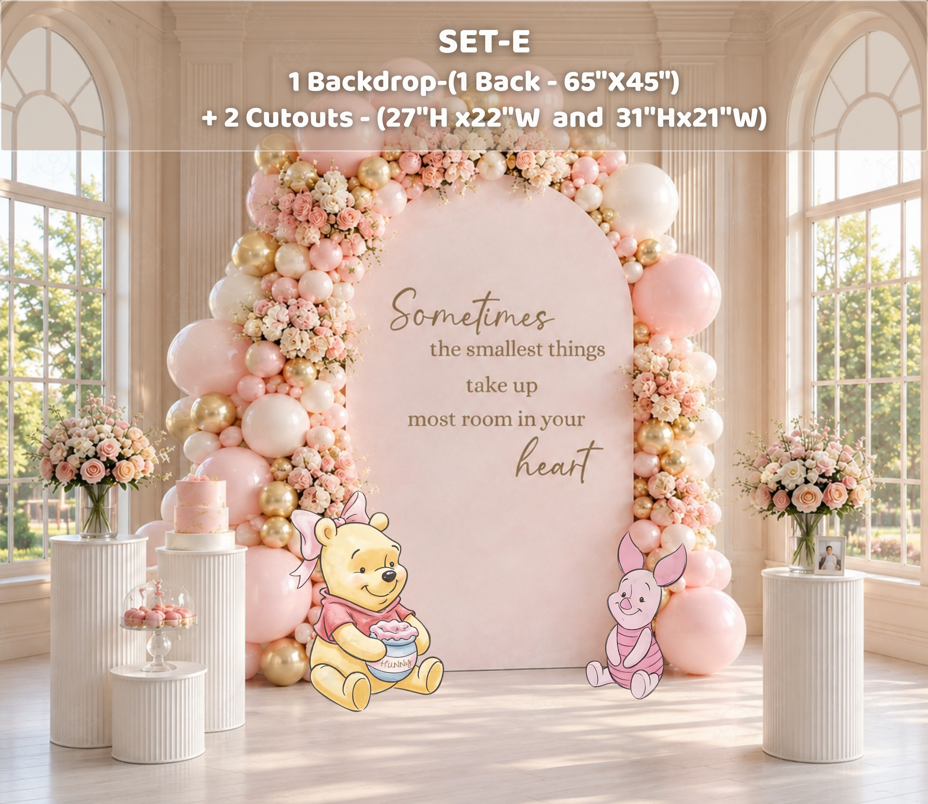 Personalized Honey Bear backdrop and cutout set in blush pink and pastel blue for a storybook themed celebration.
