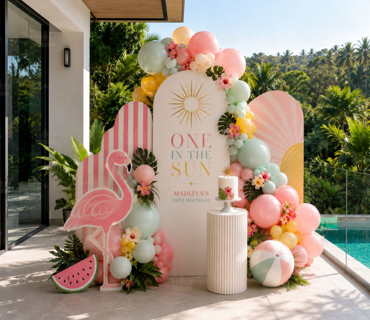 Luxury tropical birthday backdrop with personalized party decorations for an elegant adult celebration