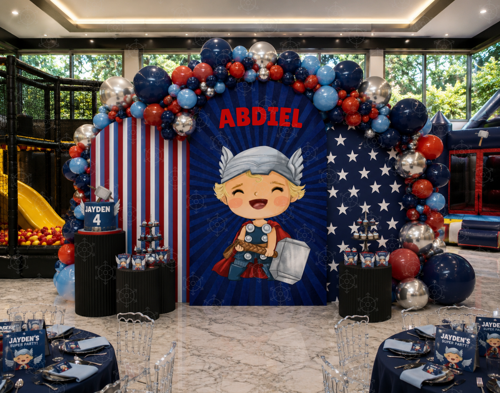 Superhero First Birthday Backdrop & Cutouts | Personalized Comic City Party Decorations