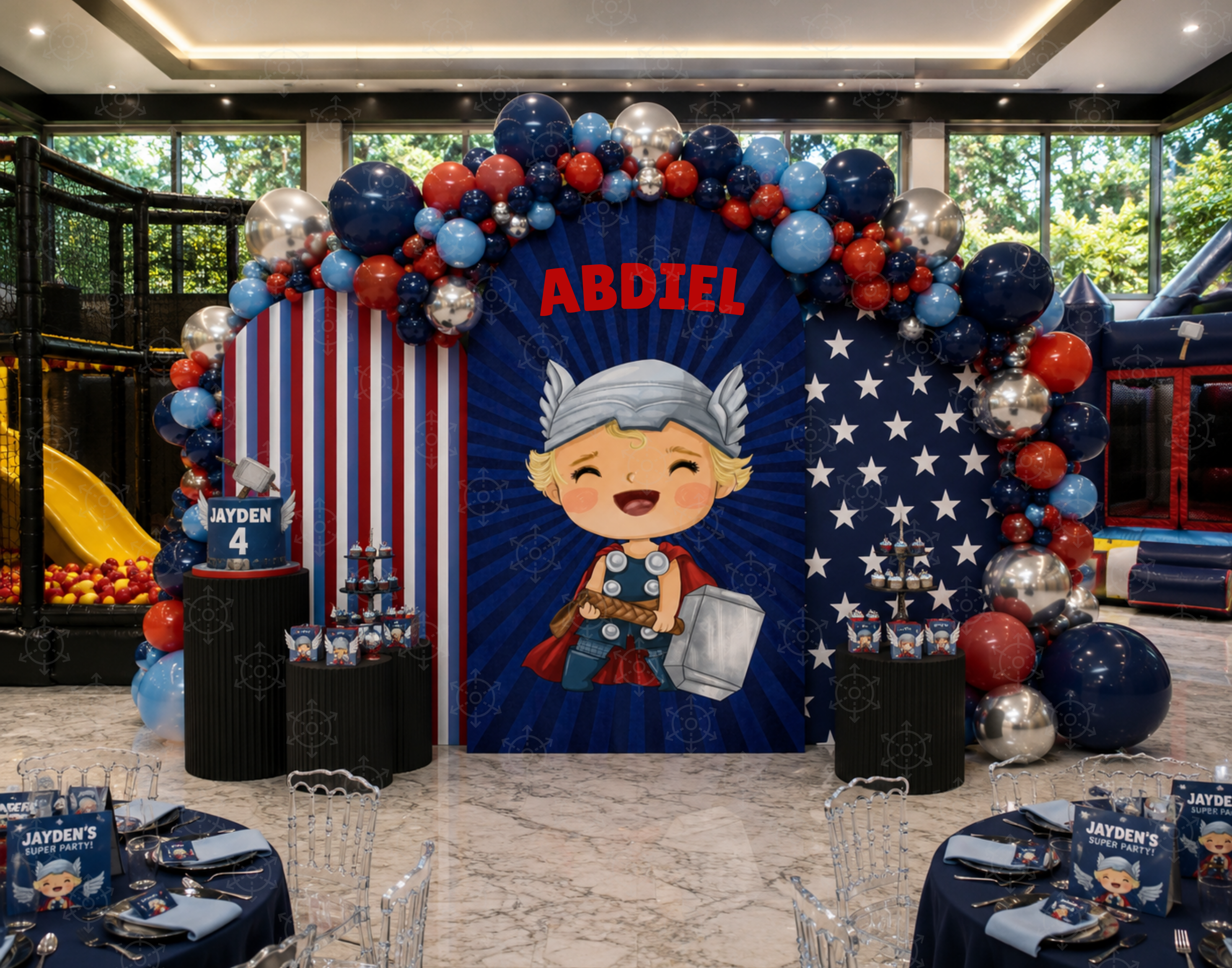 Superhero First Birthday Backdrop & Cutouts | Personalized Comic City Party Decorations