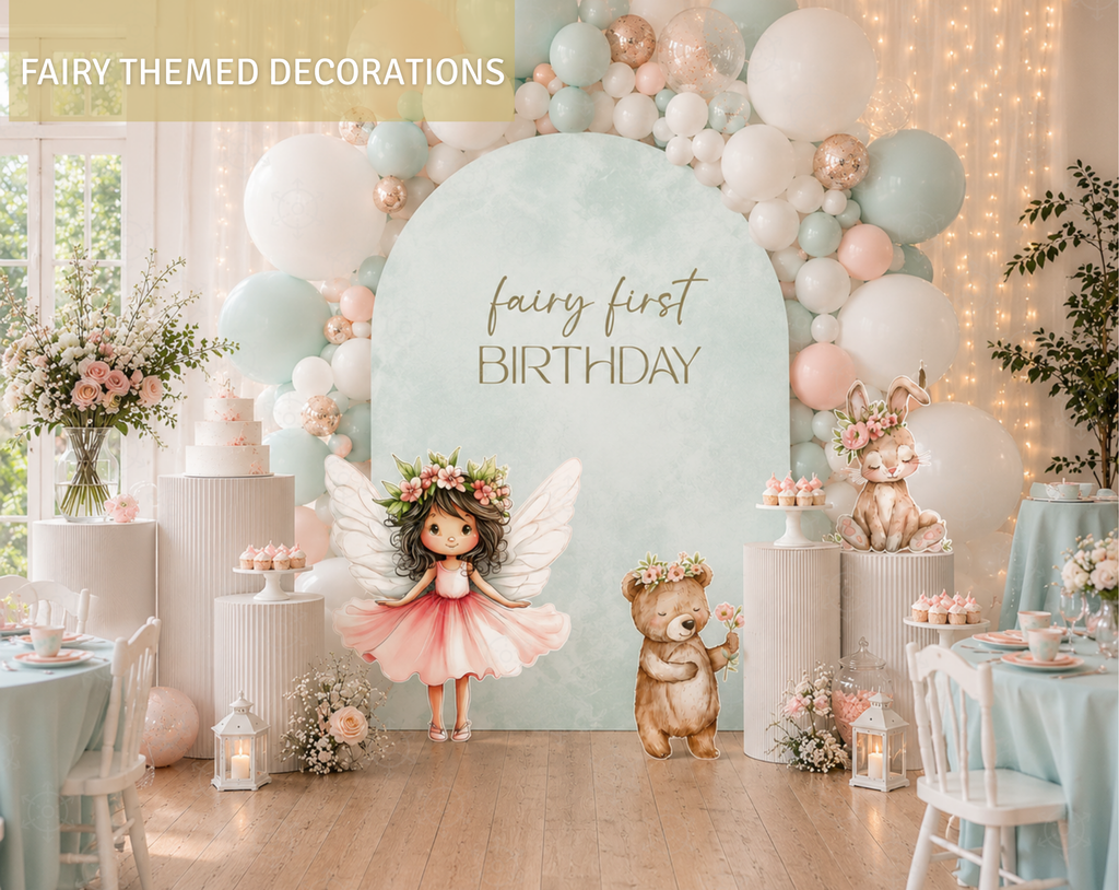 Fairy First Birthday Backdrop & Cutouts | Personalized Enchanted Garden Party Decorations