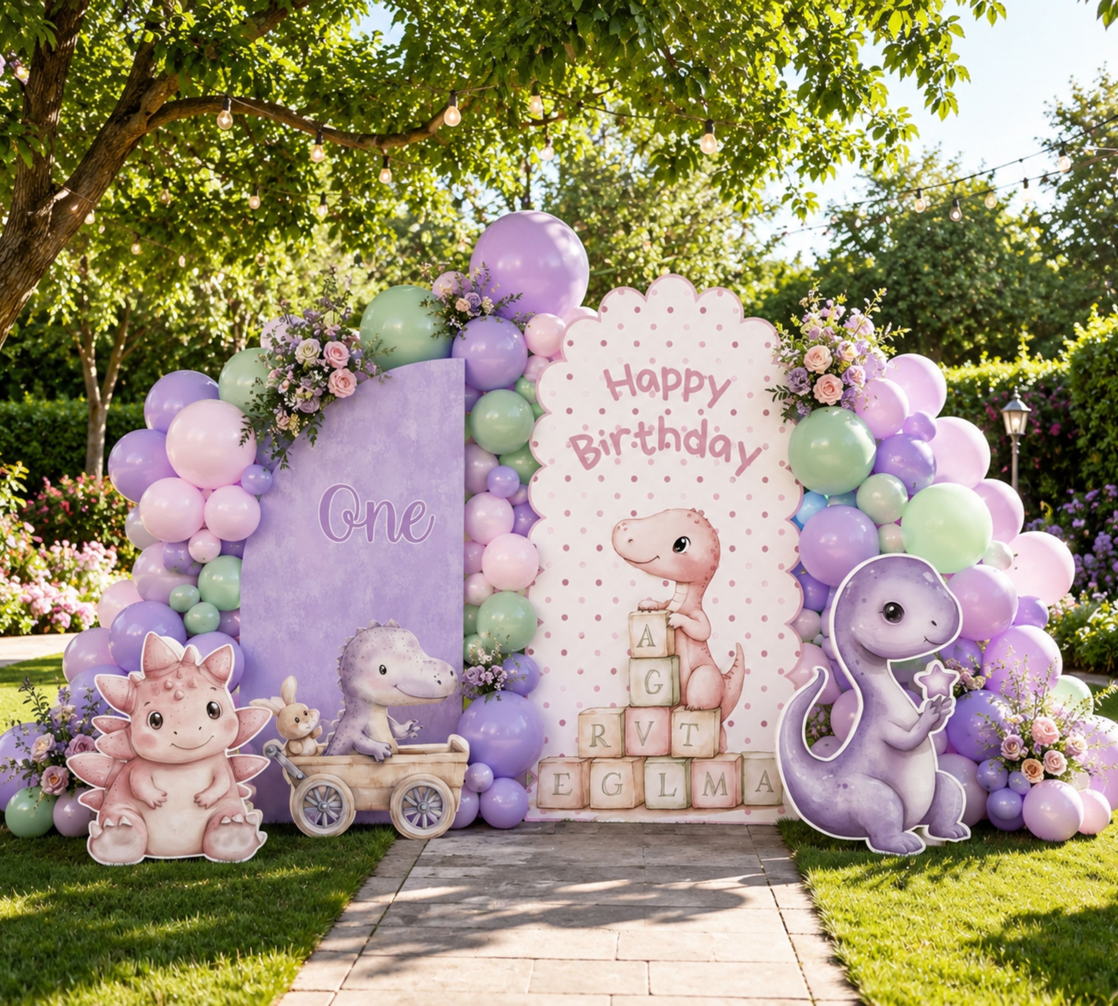 Lavender baby dinosaur party backdrop with pastel balloon arch, personalized panel and cute dino cutouts for a whimsical celebration.