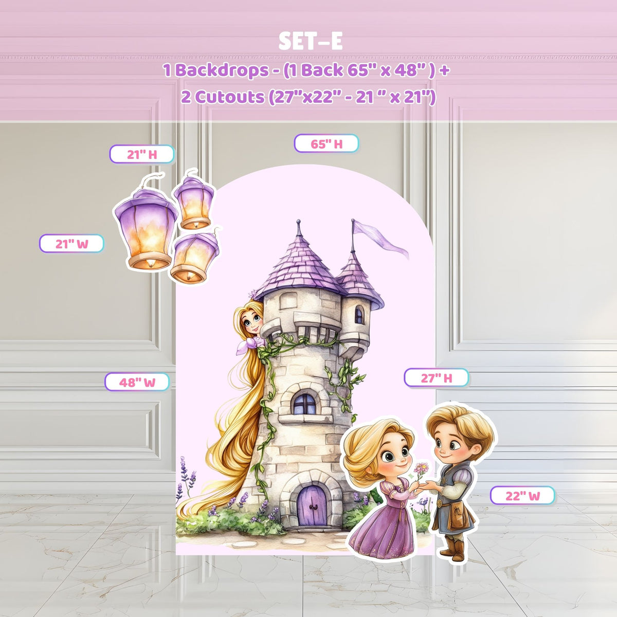 Princess backdrop option sheet showing coordinated fairytale panel designs and matching setup variations for a custom long hair princess celebration.