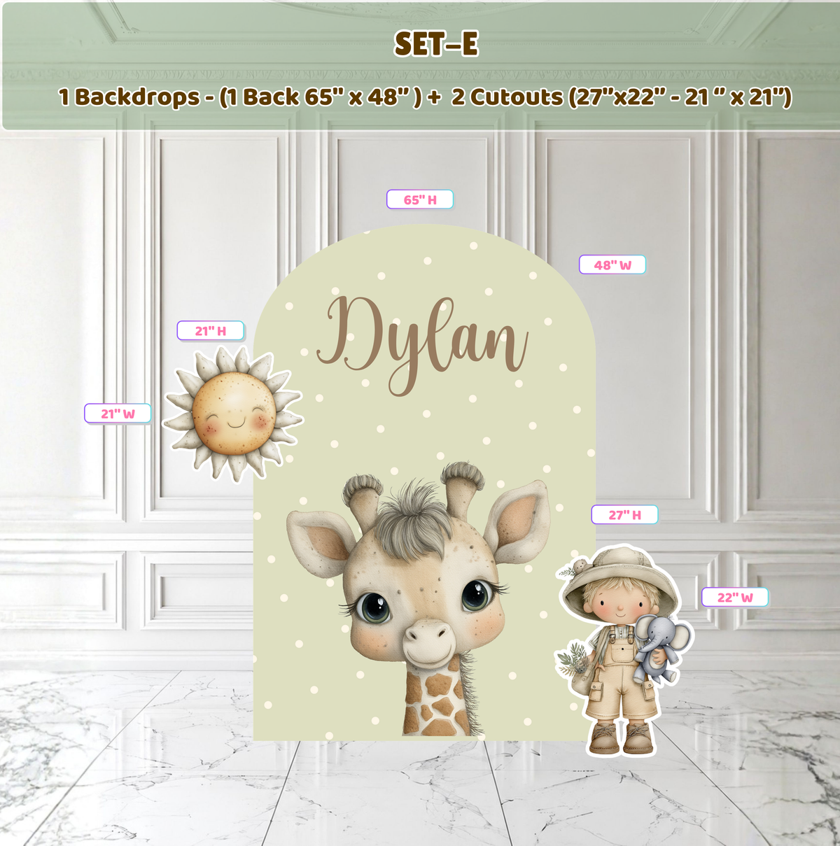 Custom safari baby shower sign with giraffe illustration, neutral colors and matching jungle-themed party decor for a personalized event display.