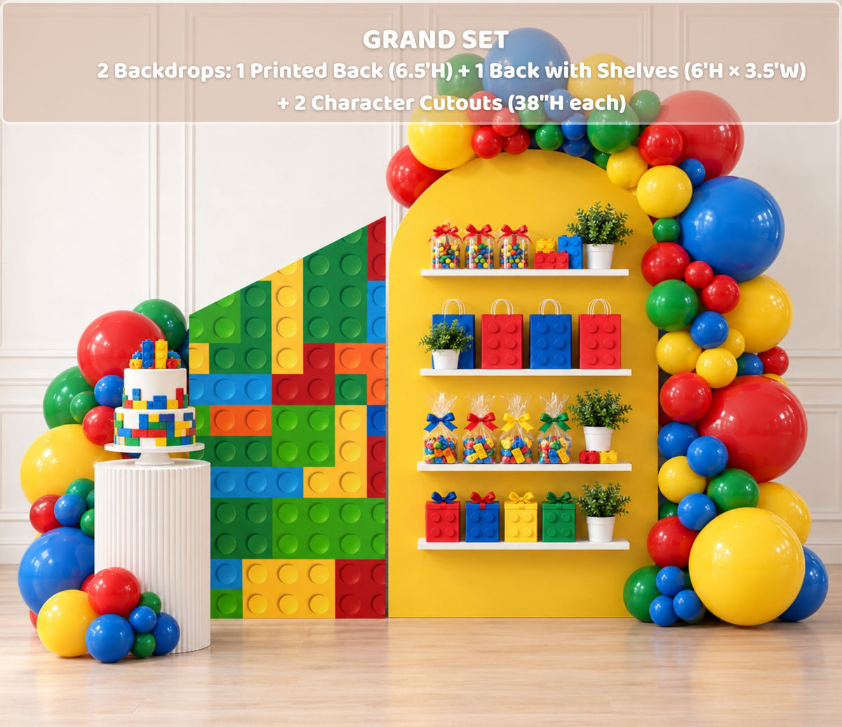 Colorful brick party shelf set with bright primary colors, built-in display shelves and personalized birthday decor.