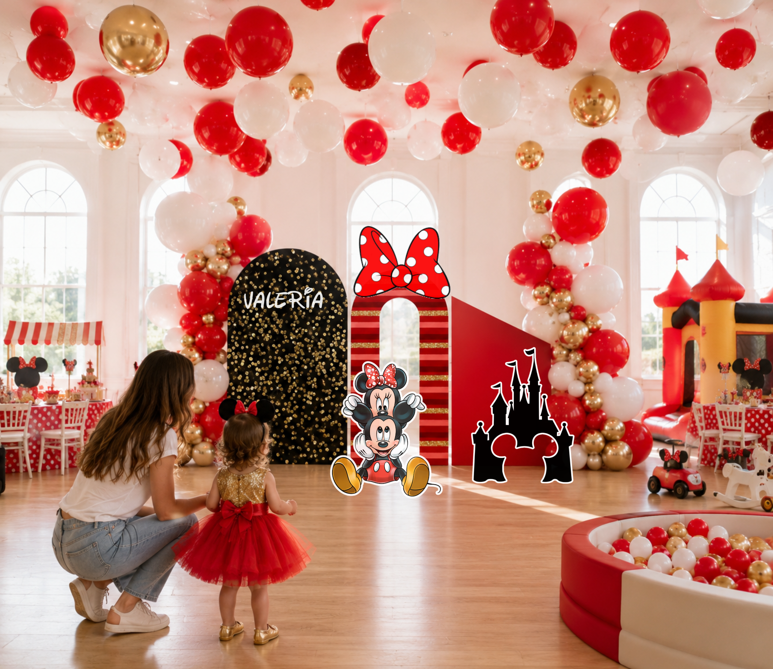 Classic mouse birthday backdrop set with black red and white panels, red hanging decorations and character cutouts