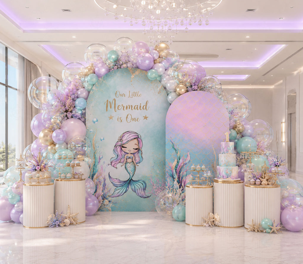 Ocean princess mermaid character and cutout design options for personalized under the sea birthday decor