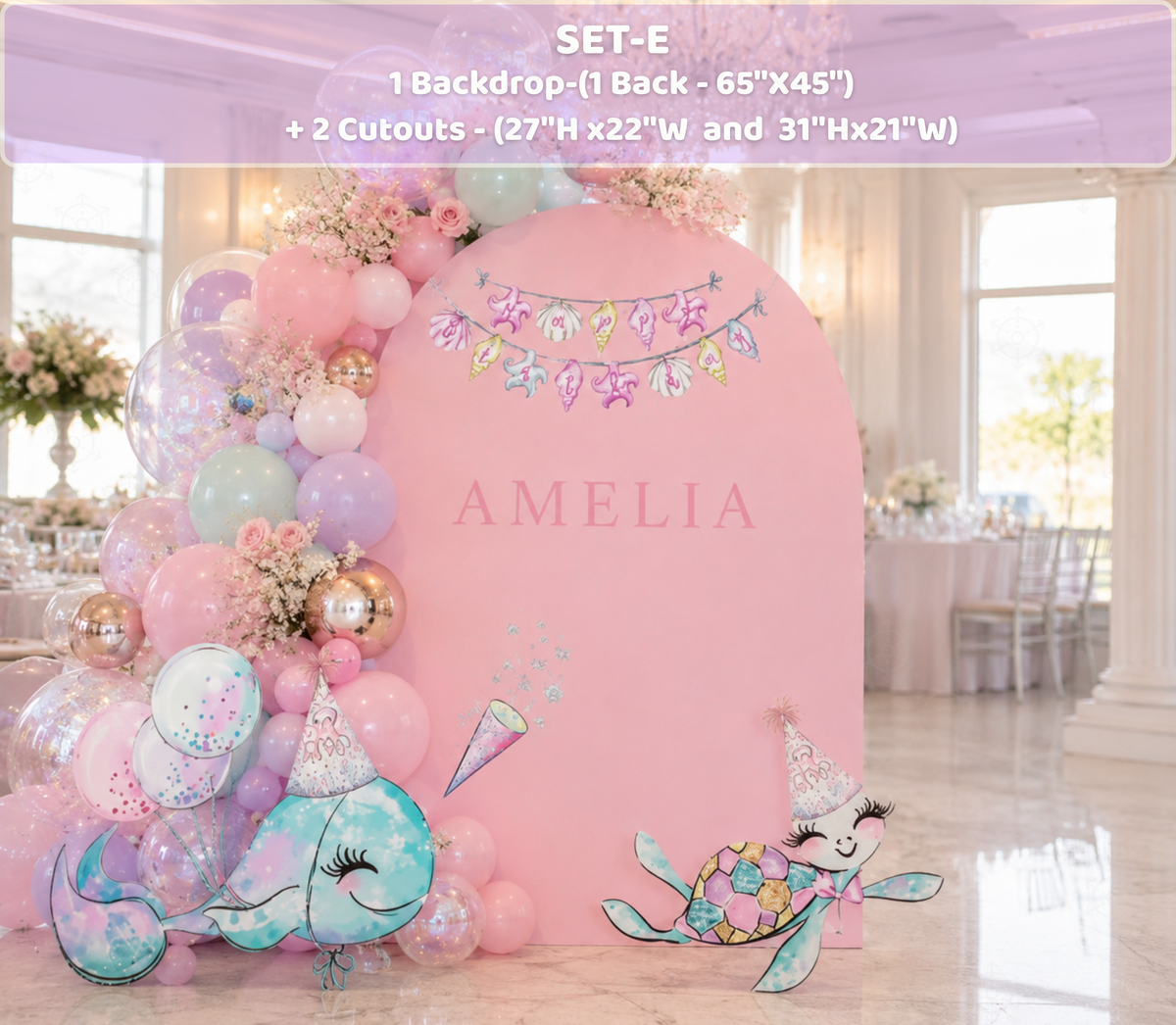 Pink mermaid birthday backdrop with pastel balloon clusters, seashell decorations and personalized ocean themed party styling.