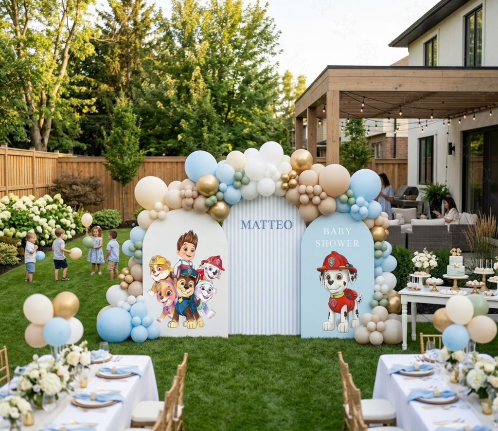 Outdoor puppy birthday decorations with personalized backdrop and matching puppy cutouts