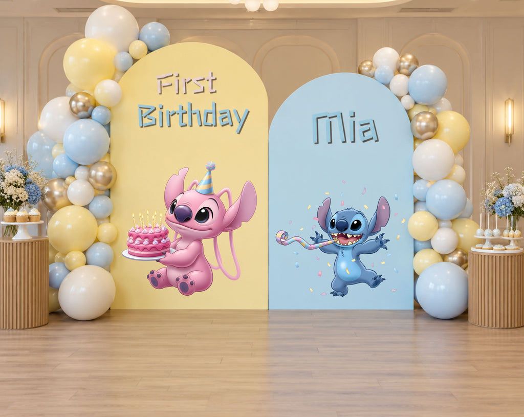Purple blue alien birthday backdrop with yellow and white balloon garland, happy birthday sign and kawaii party decorations.