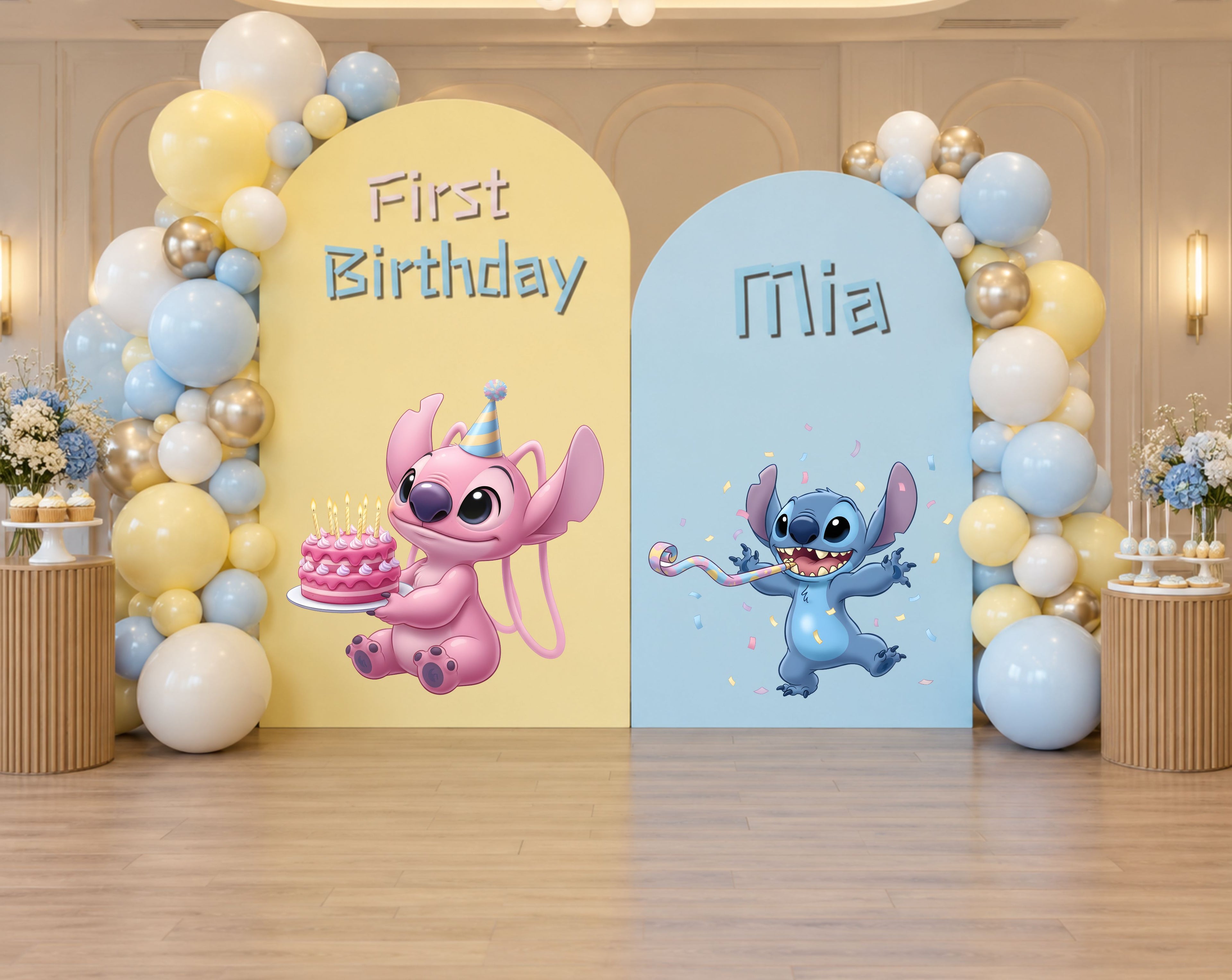 Purple blue alien birthday backdrop with yellow and white balloon garland, happy birthday sign and kawaii party decorations.