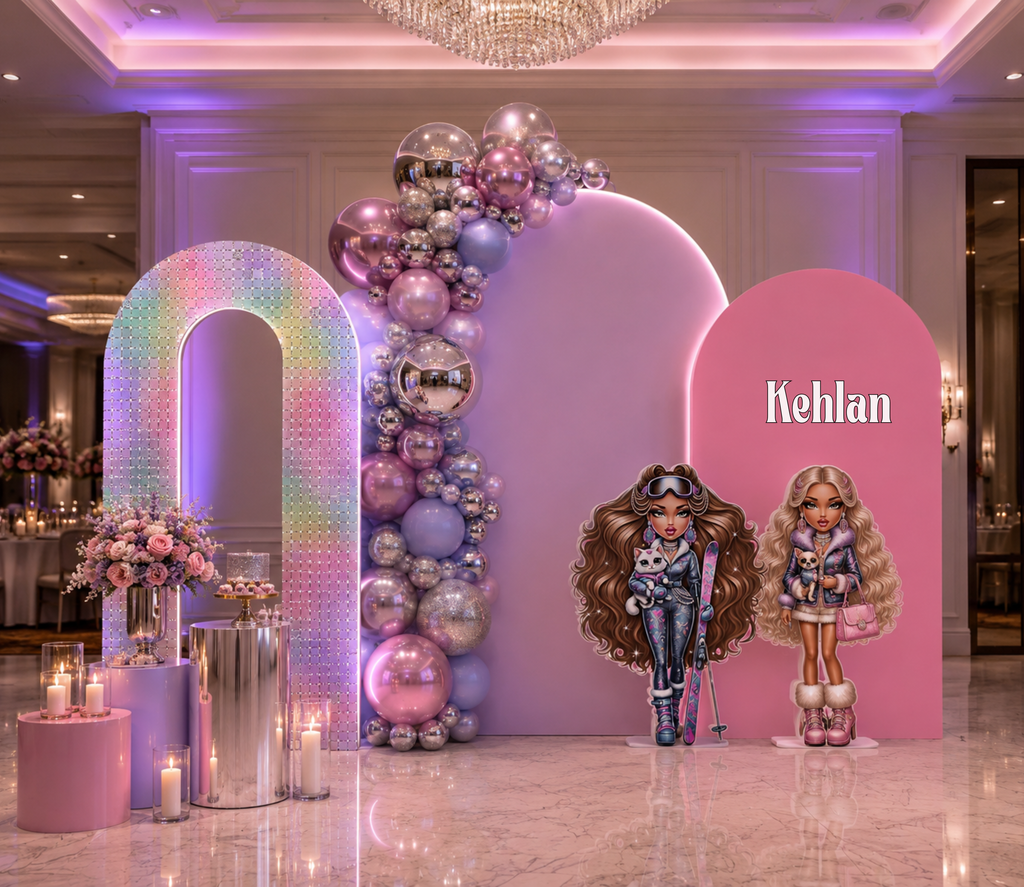 Custom Glam Fashion Doll Birthday Backdrop & Cutouts | Personalized Girly Party Decorations