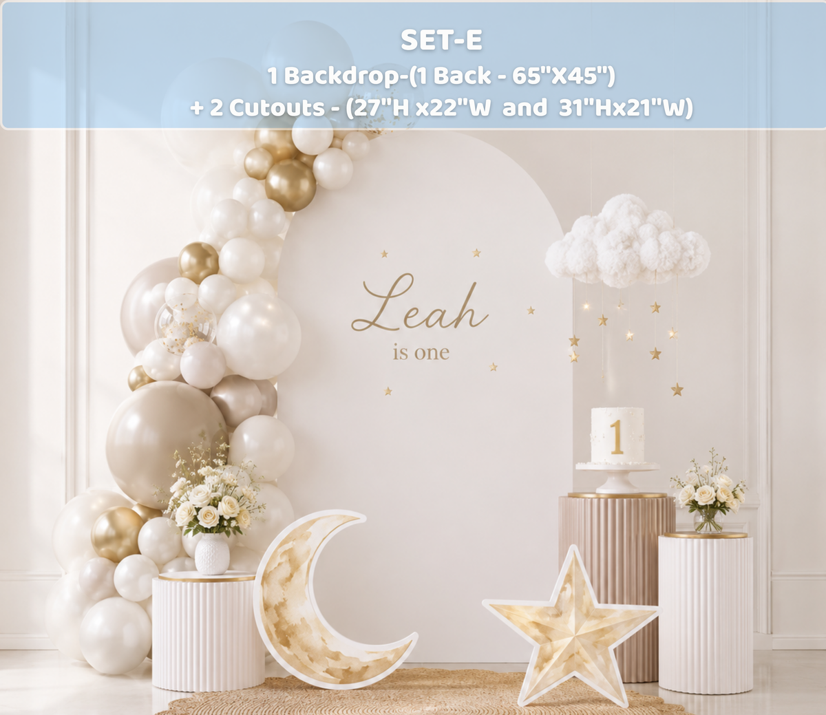 Pastel blue baby shower backdrop with layered arches, crescent moon cutout, cloud accents and neutral celestial decorations.