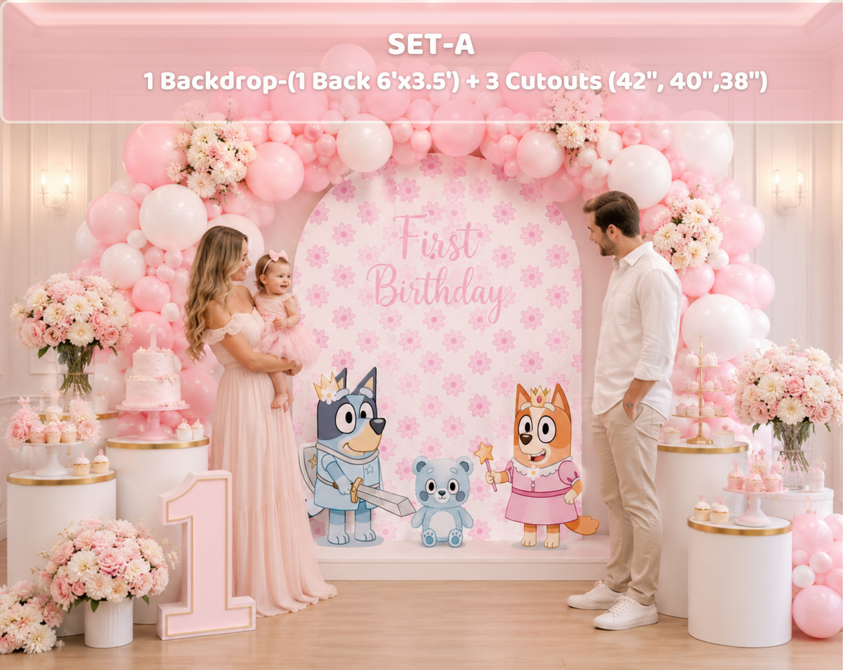 Personalized puppy family birthday backdrop with blush pink panels, pastel balloon garland and colorful character cutouts for a kids party.