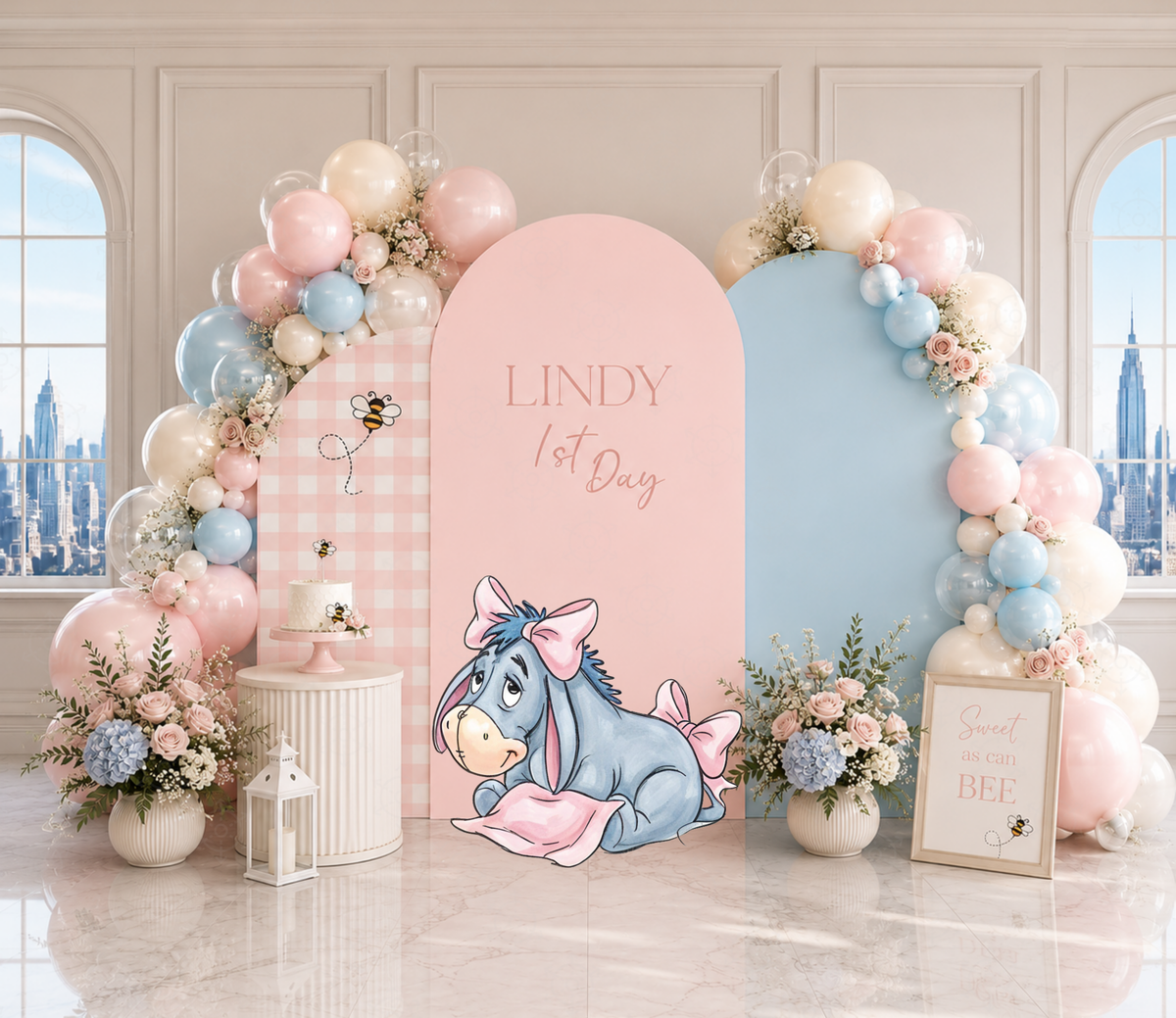 Honey Bear pastel party backdrop with matching character cutouts styled for a baby shower or first birthday.