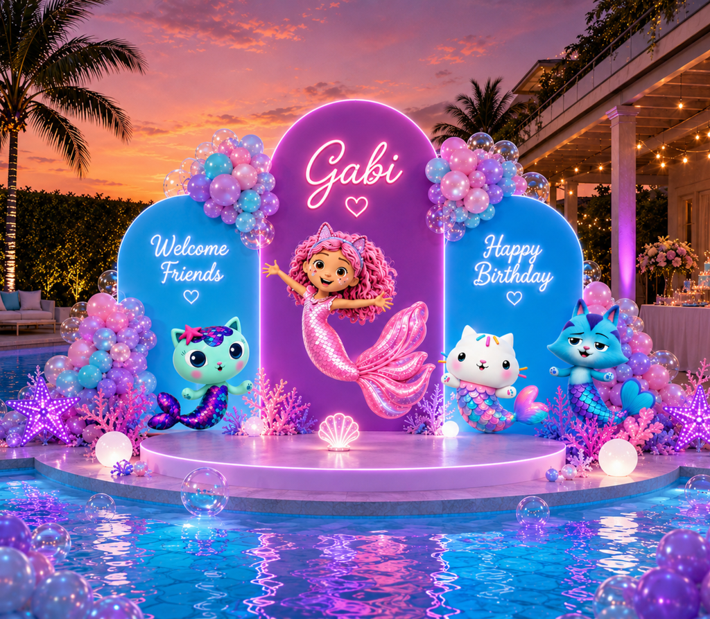 Gabby's Dollhouse mermaid pool party backdrop with personalized aqua panels and colorful ocean characters
