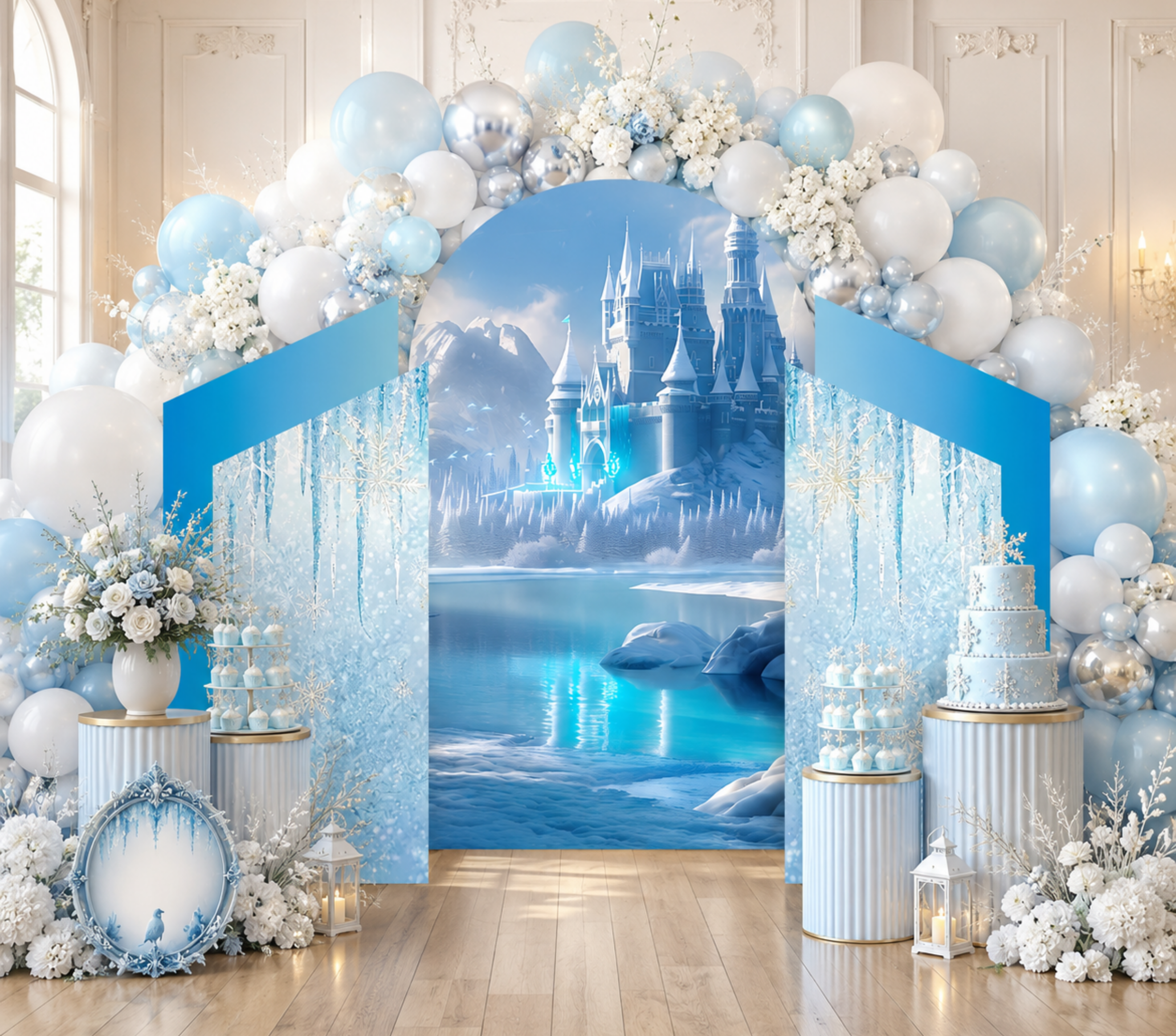 Snow Queen Princess Ice Castle Backdrop | Personalized 3-Panel Arch Birthday Party Decor