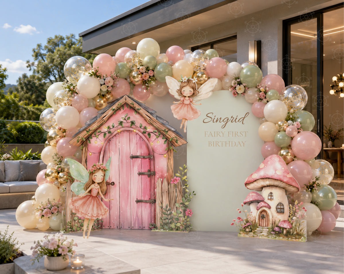 Fairy First Birthday Backdrop & Cutouts | Personalized Enchanted Garden Party Decorations