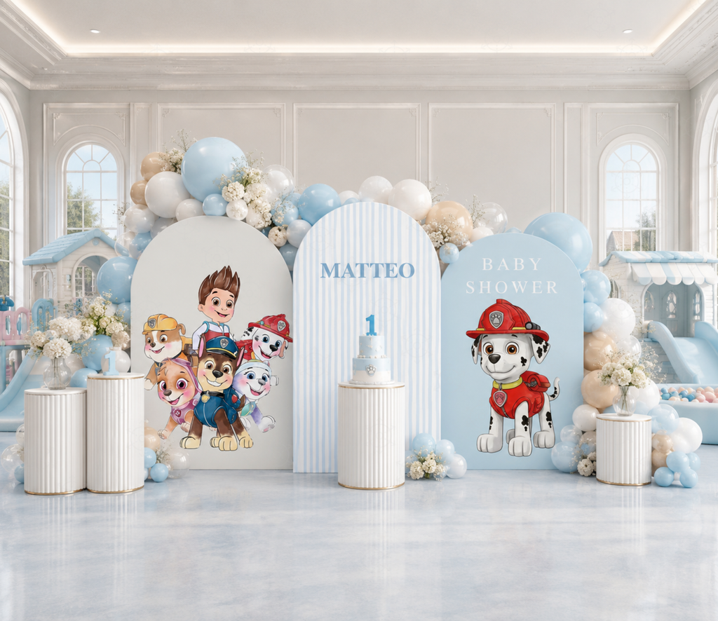 Personalized puppy rescue birthday backdrop and character cutouts in blue and white party setup