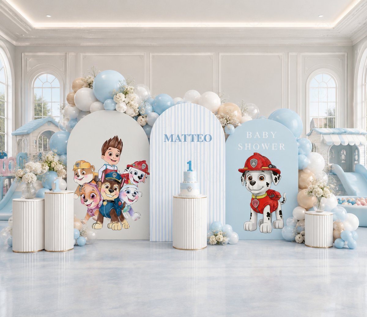 Personalized puppy rescue birthday backdrop and character cutouts in blue and white party setup
