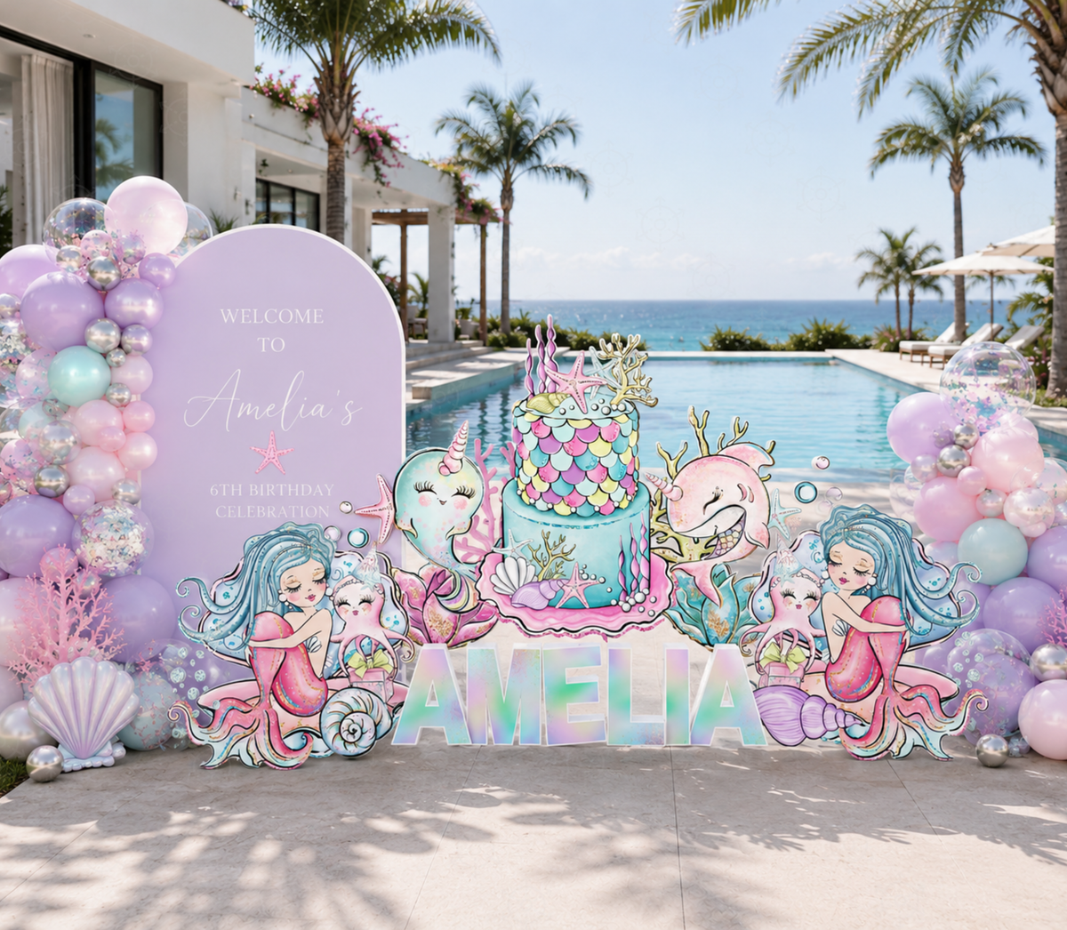 Outdoor mermaid birthday backdrop with pastel purple panels, ocean character cutouts and tropical under the sea celebration decor.