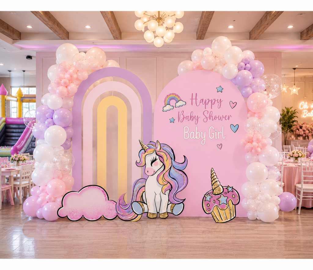 Pink unicorn birthday backdrop with rainbow arch, pastel balloon garland and coordinated party decorations for a girls celebration.