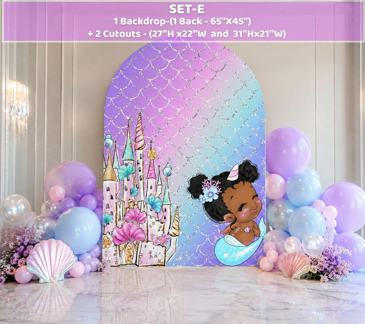 Purple little mermaid birthday backdrop with mermaid character cutout and under the sea balloon decorations