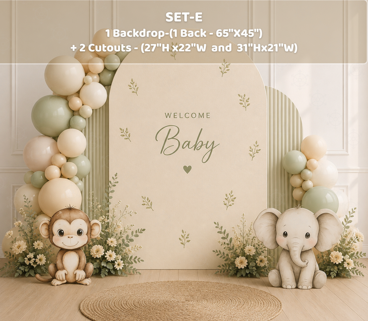 Sage green little animal friends backdrop with neutral balloons and woodland animal cutouts