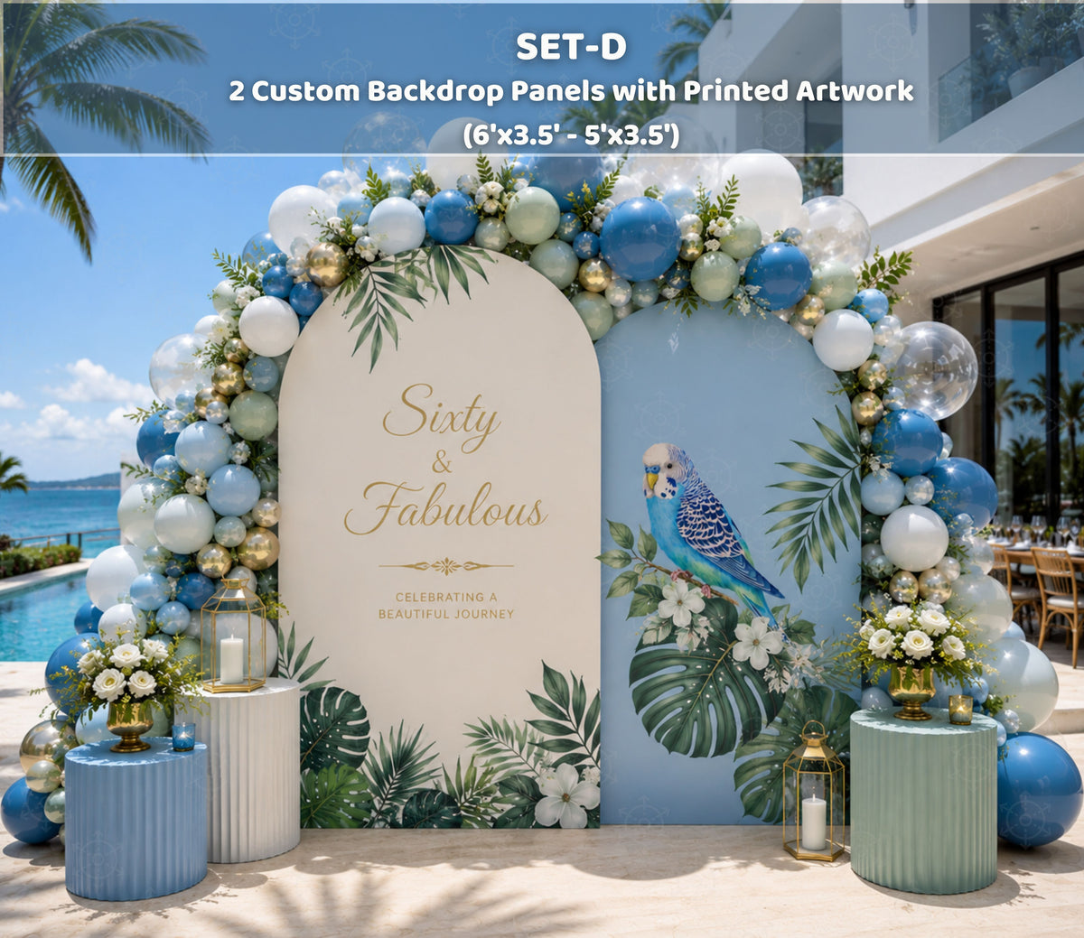 Blue tropical bird birthday backdrop with parrot decor, florals and personalized party decorations