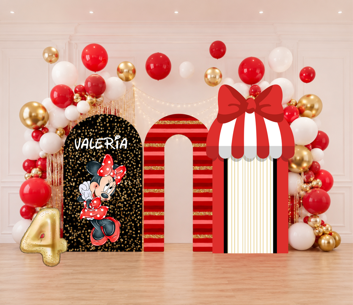 Classic mouse party backdrop with personalized black panel, red striped panel and red black balloon decorations